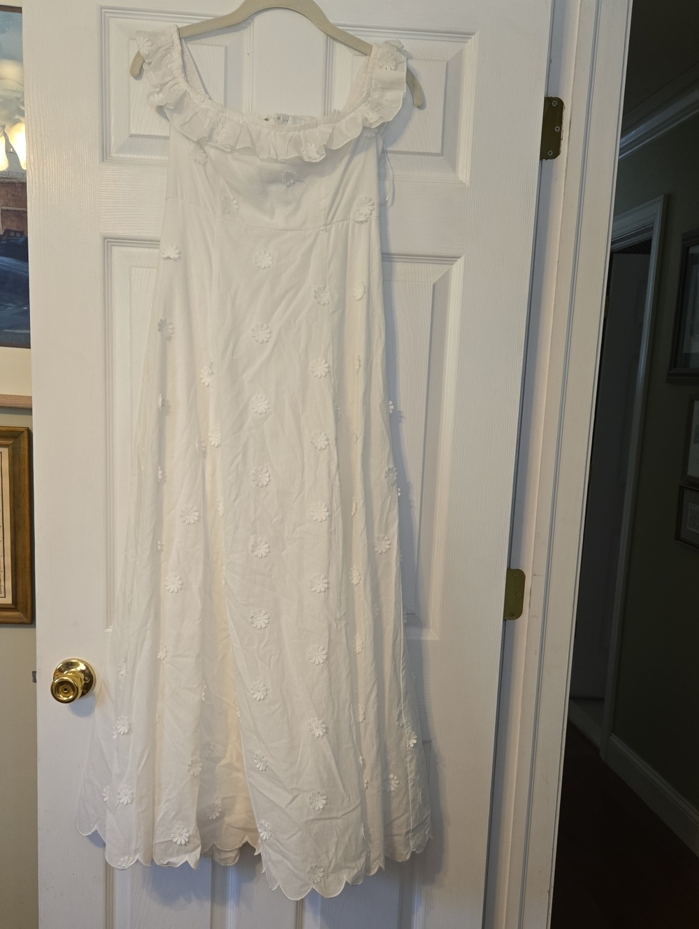 White Ruffle-Trim Maxi Dress with Floral Embroidery